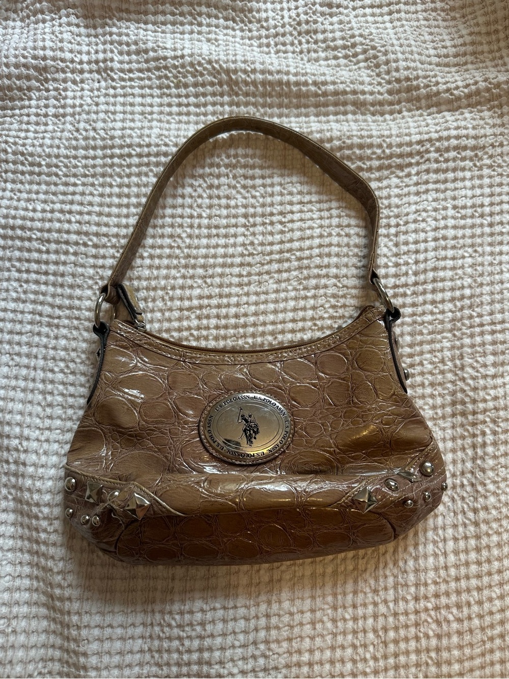 Deep Beige Croc-Embossed Shoulder Bag with Silver Studs and Medallion Accent